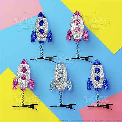 Presilhas Cabelo Maluco Foguete Espacial Glitter Aplique EVA Bico de Pato Menina Menino Infantil 5 Unid
