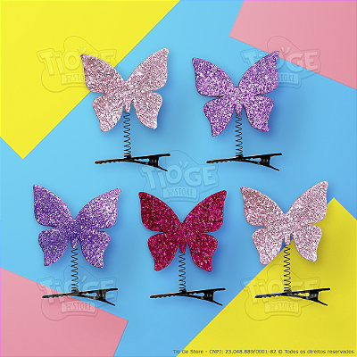 Presilhas Cabelo Maluco Borboletas Glitter Aplique EVA Bico de Pato Menina Menino Infantil 5 Unid