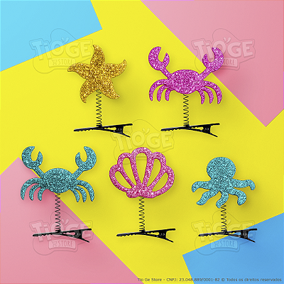 Presilhas Cabelo Maluco Fundo do Mar Glitter Aplique EVA Bico de Pato Menina Menino Infantil 5 Unid
