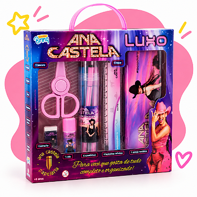 Kit Papelaria Luxo Ana Castela com Estojo Metálico Canetinhas Acessórios Escolares Volta as Aulas 14 Peças