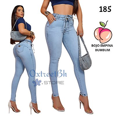 Calça jeans delavé cós alto cordão