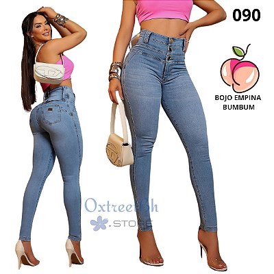 Calça azul ciano cós triplo empina bumbum