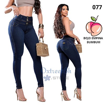 Calça jeans escuro cós alto com lycra com bojo empina bumbum