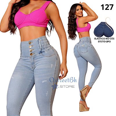 Calça delave com lycra e elastico no cós super alto