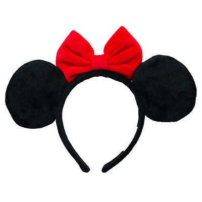 Tiara Minnie Elegância Suave – Camurça Preta e Laço Vermelho
