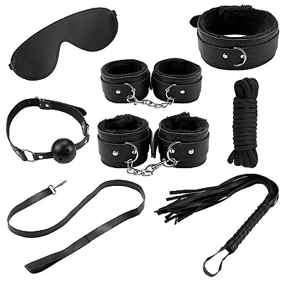 KIT SETE SENSAÇÕES DE LUXO - BDSM 7 PEÇAS PRETO