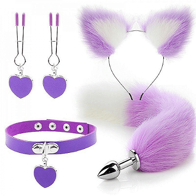 KIT RAPOSA COM TIARA DE ORELHAS GRAMPOS DE SEIOS E GARGANTILHA LILÁS