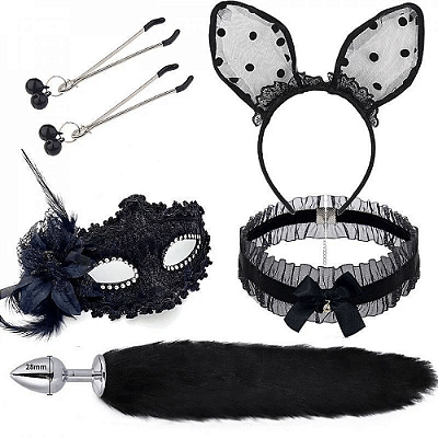 KIT RAPOSA MISTERIOSA COM TIARA DE ORELHAS GRAMPOS DE SEIOS E GARGANTILHA COM MÁSCARA PRETO