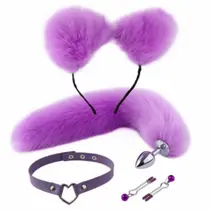KIT RAPOSA COM TIARA DE ORELHAS GRAMPOS DE SEIOS E GARGANTILHA ROXO
