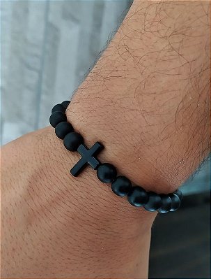 PULSEIRA PEDRAS NATURAIS CRUCIFIXO BLACK