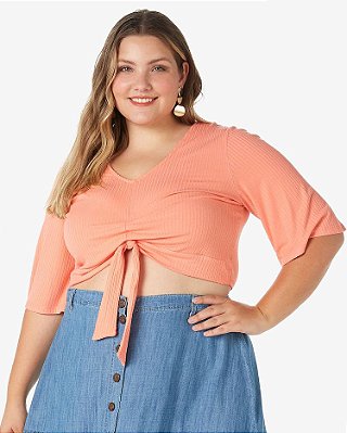 Blusa Cropped Plus Size Feminina Manga Curta Rosa