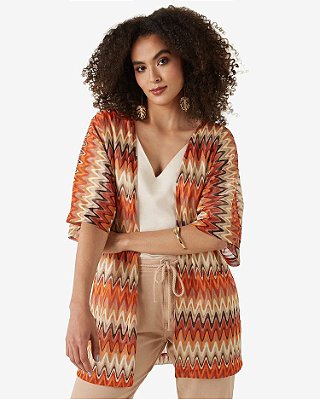 Kimono Feminino Amplo Manga Curta Poliéster Étnica Laranja