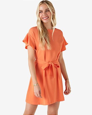 Vestido Curto Feminino Manga Curta Amarração Liso Laranja