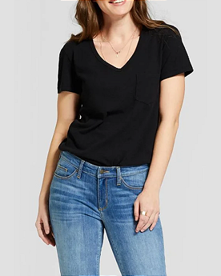 T-shirt de manga curta com decote em V para mulheres