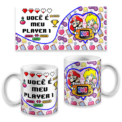 Caneca Mario e Peach Player 1 ou 2