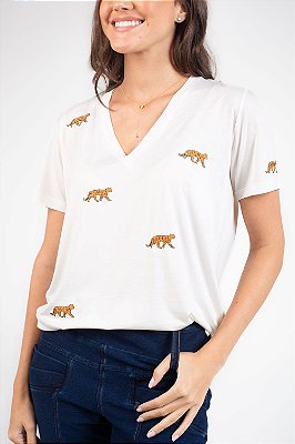 Camiseta Bordada Tigre Branco