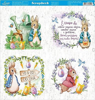 Papel de Scrapbook - SDP-019 - Litoarte – Páscoa – Coelhos de Roupa