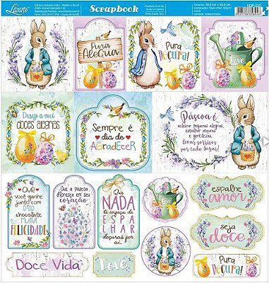 Papel de Scrapbook - SDP-020 - Litoarte – Páscoa – Coelhos de Roupa Tags