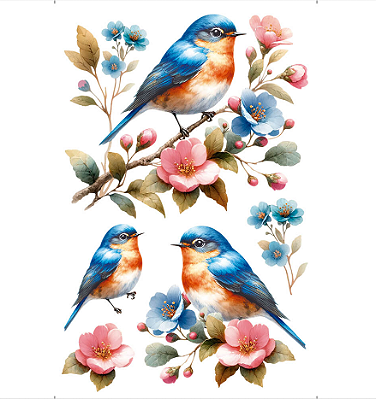 Transfer de Imagem Small - Flores e Passarinhos Nos Galhos - TIS-010
