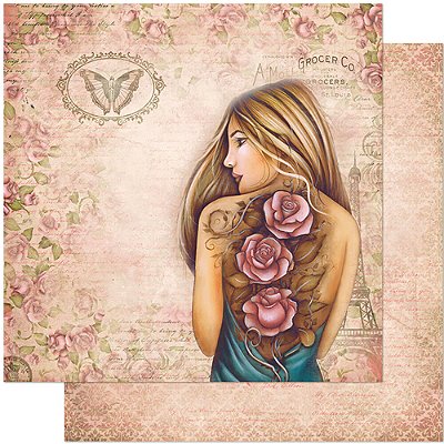 Papel Scrapbook - SD-0977 - Litoarte - Mulher rosas tatuada 30,5 x 30,5cm