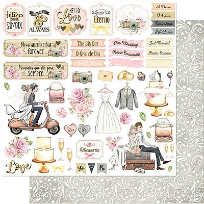 Papel Scrapbook - SD-1121 - Litoarte - Casamento, Recem casasos, Flores 30,5 x 30,5cm