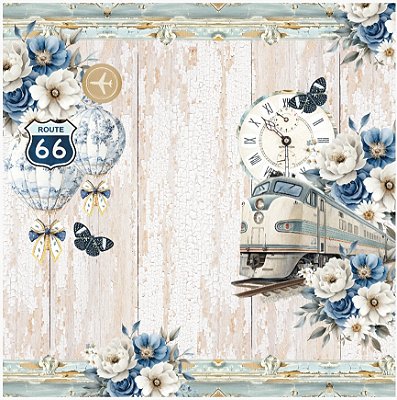 Papel para Scrapbook - Cód-1006 - Trem e Balões - Coleção Serenity