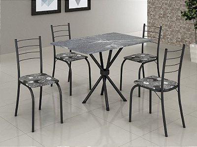 Conjunto Mesa Tubular Rio Preto Fosco com 4 cadeiras Tampo Granito Topázio