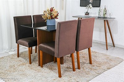 Mesa Helo 90x90 tampo vidro com 04 cadeiras Roma em Veludo- Art Assento Polimanrf