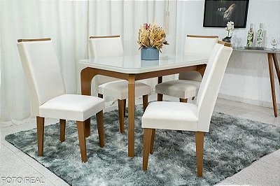 Mesa de Jantar Londrina Tampo Cop Vidro Off White 1.20x0.80 c/4 cadeiras Lunara com Puxador- Rufato