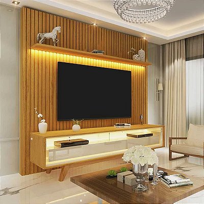 Painel Nobre Larg. 1.85m + Rack Requinte Larg. 1.72m C/LED Naturale/Off Tv até 75" -  Geliusrf