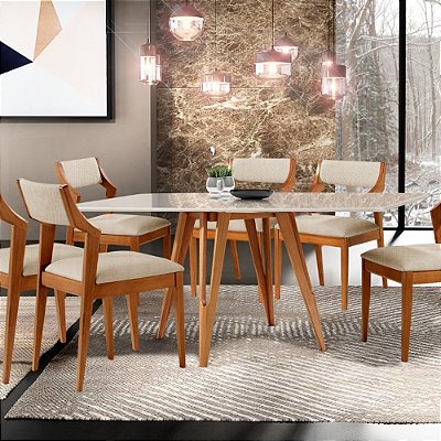 Mesa de Jantar Sparta com 6 Cadeiras Sparta 160x90cm Madeira Maciça Tauari Vidro 25mm