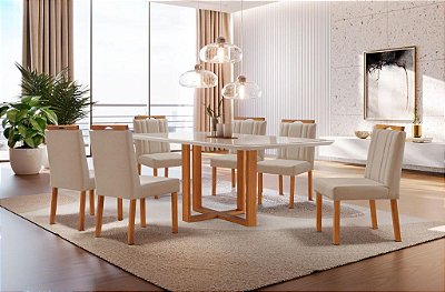 Mesa Lotus 180x90 Com 6 Cadeiras Madeira Veludo Bege Tampo Vidro Off White - JSilva Móveis
