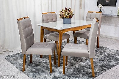 Mesa de Jantar Escócia Mel Tampo Vidro Off/White 120×80 4 Cadeiras Berlim Veludo - Art Assento Madeira Maciça