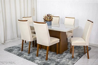 Mesa Jantar Luna Imbuia Tampo Vidro Canto Copo 180×90 6 Cadeiras Lunara - Rufato