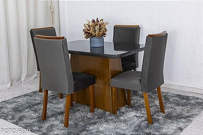 Mesa Jantar Luna Imbuia Tampo Vidro Canto Copo 120×80 4 Cadeiras Lunara Madeira Maciça - Rufato