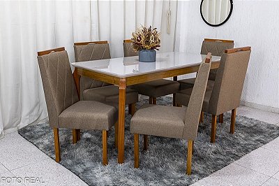 Mesa de Jantar Alegra Tampo Vidro 160×80 6 Cadeiras Diamante - JCM Moveis
