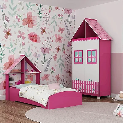 Roupeiro + Cama Casinha Rosa/Branco Gelius