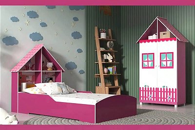 Roupeiro + Cama Casinha Rosa/Branco Gelius