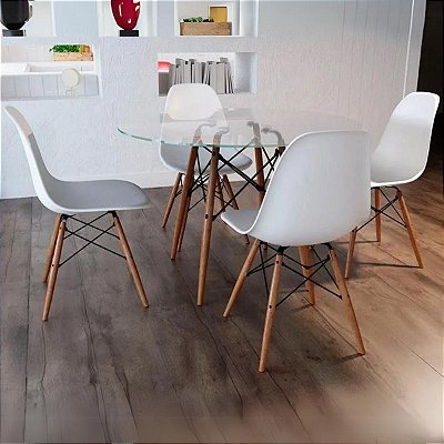 Mesa Redonda DKR tampo vidro 90x90  com 4 Cadeiras DKR PP Branco – Or Design