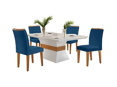 Mesa Ágata 120 Canto Reto Off White/Imbuia com 4 Cadeiras Athenas Azul – Rufato
