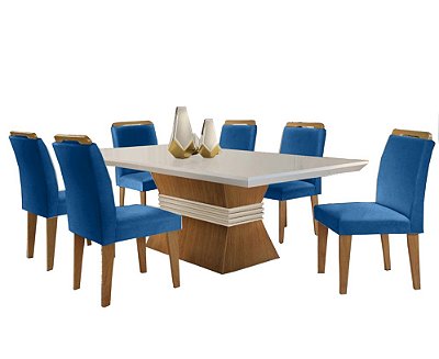 Mesa Ágata 180 Canto Reto Imbuia /Off White com 6 Cadeiras Athenas Azul – Rufato