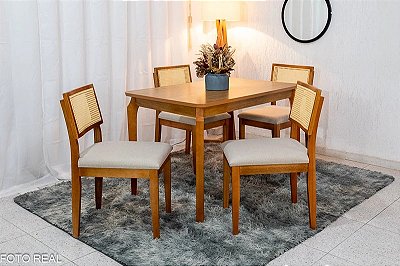 Mesa de Jantar Alegra Tampo Cinamomo 120×80 4 Cadeiras Jade Linho Bege - JCM Madeira Maciça