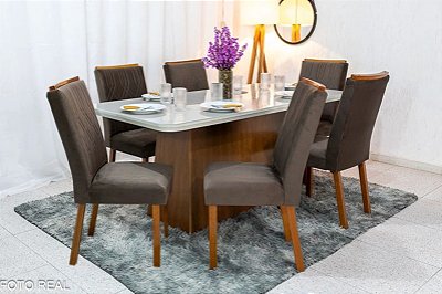 Mesa Jantar Luna Tampo Vidro e Canto Copo 180×90 6 Cadeiras Alegra Madeira Maciça - Rufato
