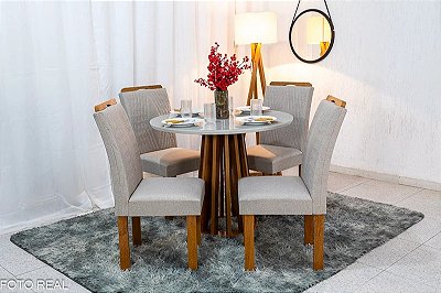 Mesa de Jantar Berlim Circular 1.00x1.00 com 04 Cadeiras em linho - Cell Móveis