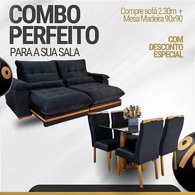 Combo Sofá Retrátil Ibis 2.30m Veludo  + Mesa Pedro Mel Tampo Vidro Preto 90x90 4 Cad. Lisboa
