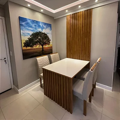 Mesa Jantar Cancun 120×90 com Painel + 4 Cadeiras Linho Bege - Cel Móveis