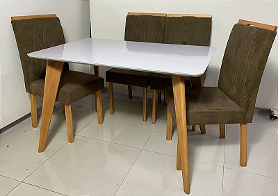 Mesa Jade Slim 100x100 Madeira Maciça Vidro Off 4 Cadeiras Madeira Veludo - Carvalho Decor