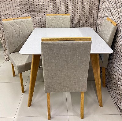 Mesa Jade Slim 100x80 Madeira Maciça Vidro Off 4 Cadeiras Madeira Veludo - Carvalho Decor