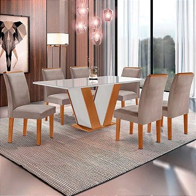 Mesa de Jantar Qatar 1.60x80 MDF/Vidro com 06 Cadeiras Londres - Cel Móveis