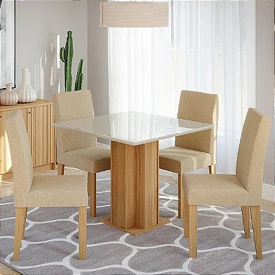 Mesa Sophia 95x95 com Vidro Temperado e 4 Cadeiras Maya 100% MDF - Cimol